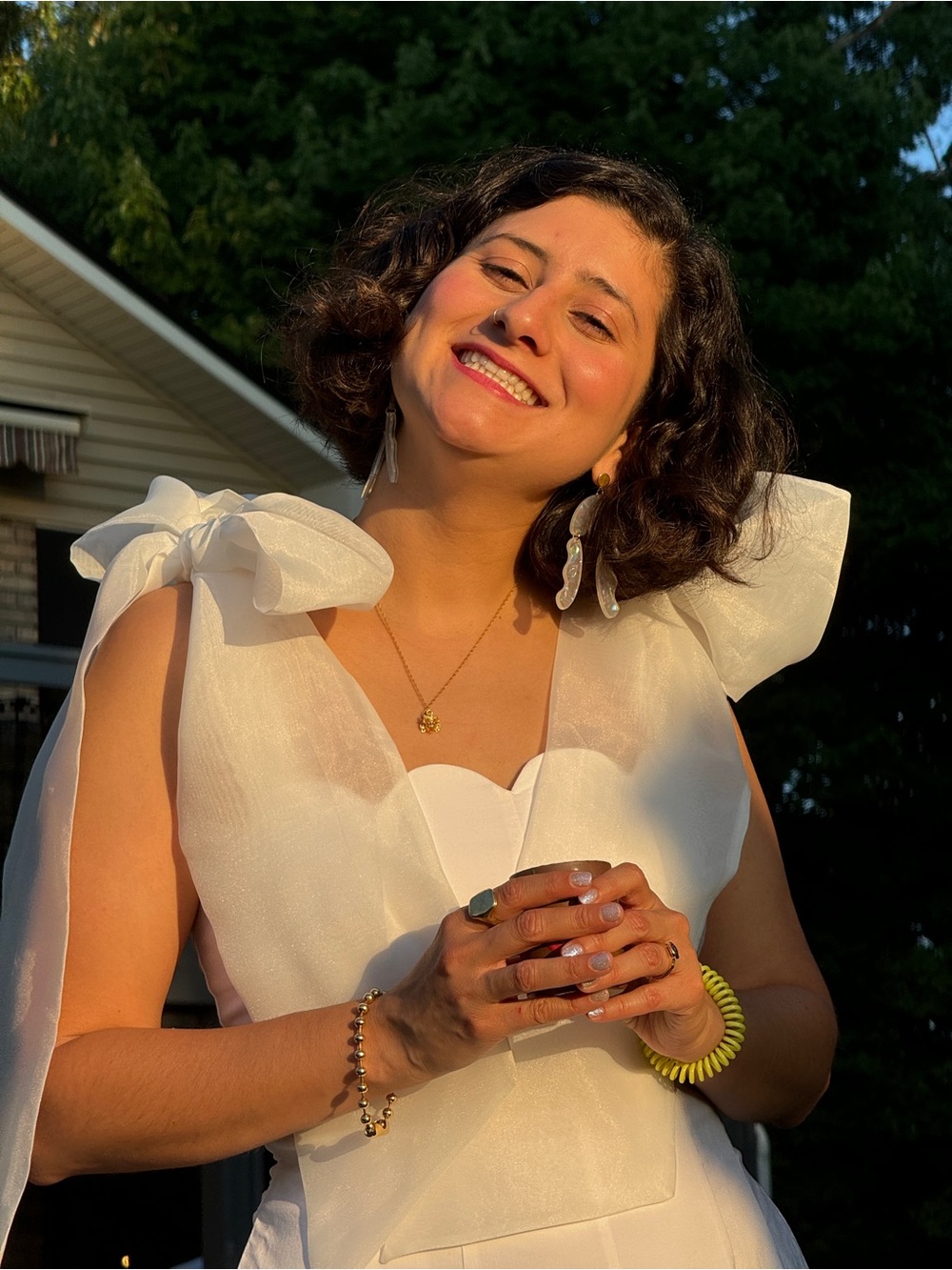 White Scallop Hem Tie-Shoulder Women's Dress - Picture 4 of 4